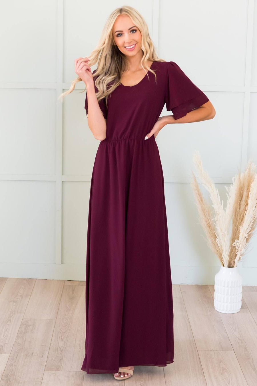 standing waiting dress dark blush