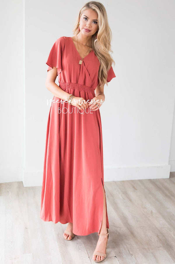 Dusty Coral Over Flutter Sleeve Maxi Dress | Best Online Modest ...