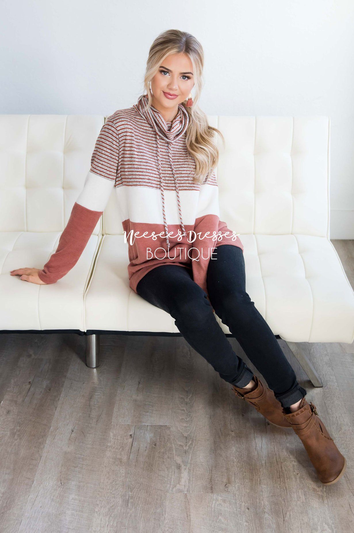 Cozy Cowl Neck Rust Color-block Sweater