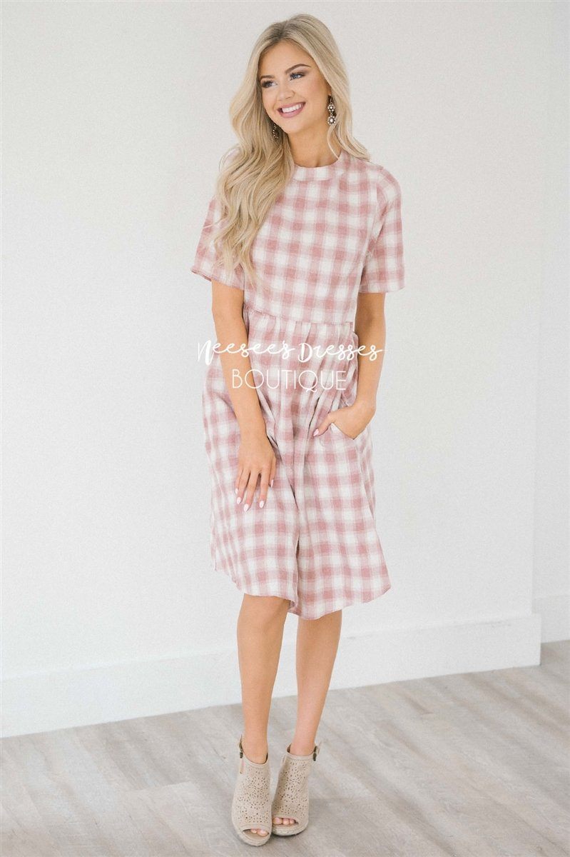 pink and white plaid dress