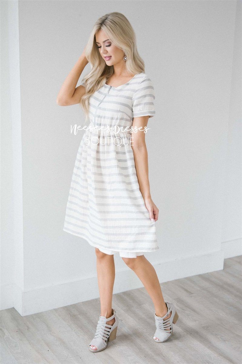 Gray and Cream Stripe Modest Summer Dress | Cute Modest Clothes ...