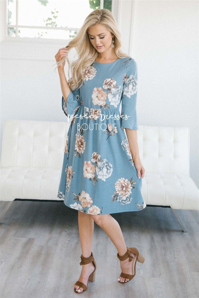 Dusty Blue Floral Bell Sleeve Modest Bridesmaids Dress | Best and ...