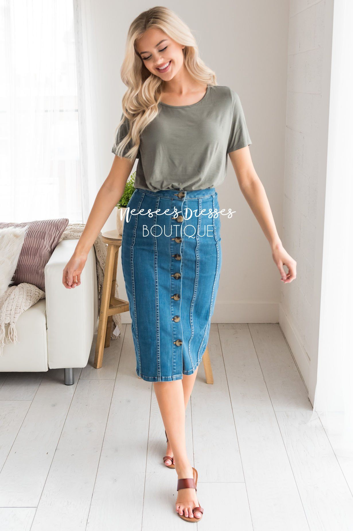 Button Front Modest Denim Skirt