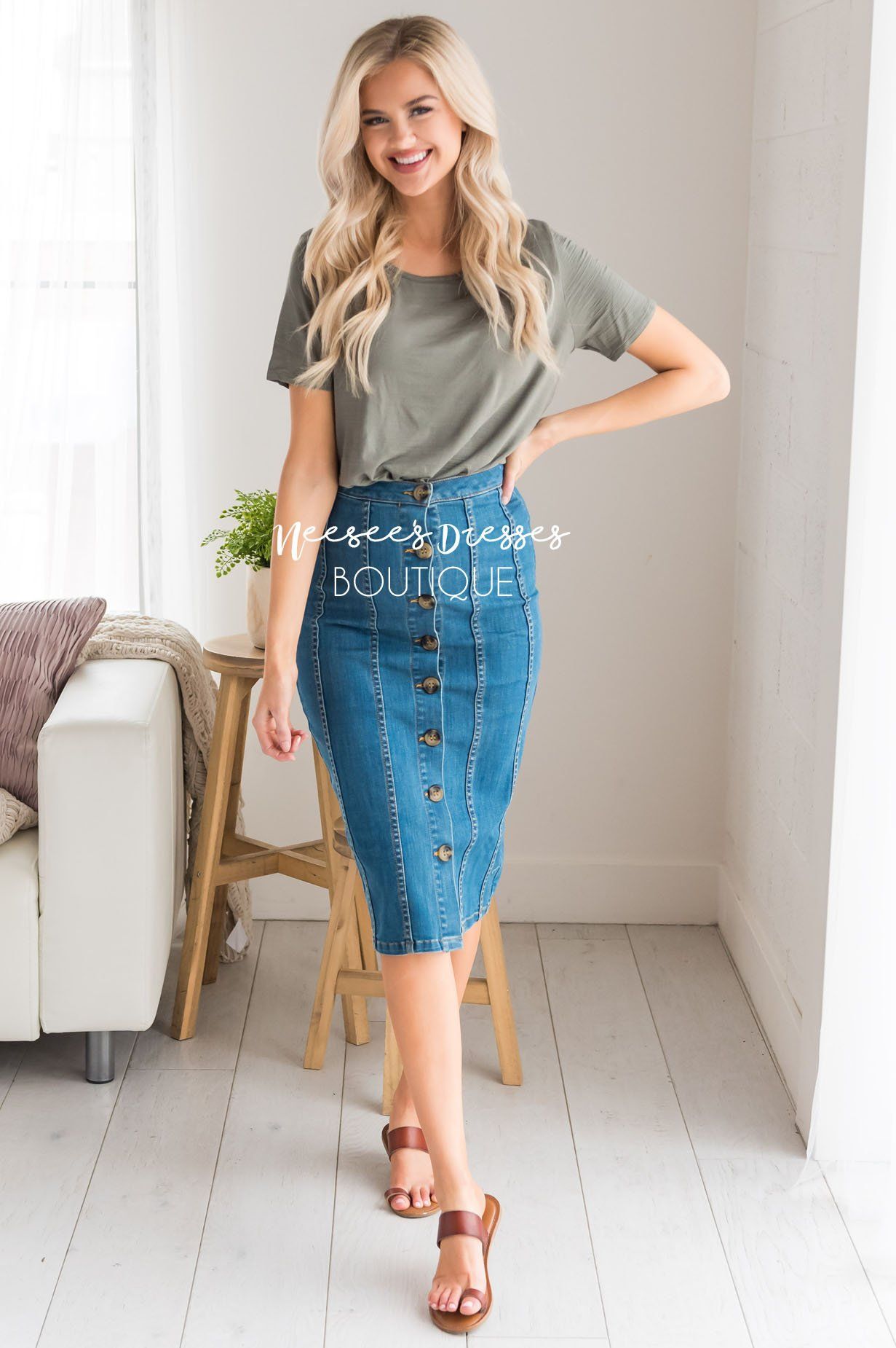 Button Front Modest Denim Skirt