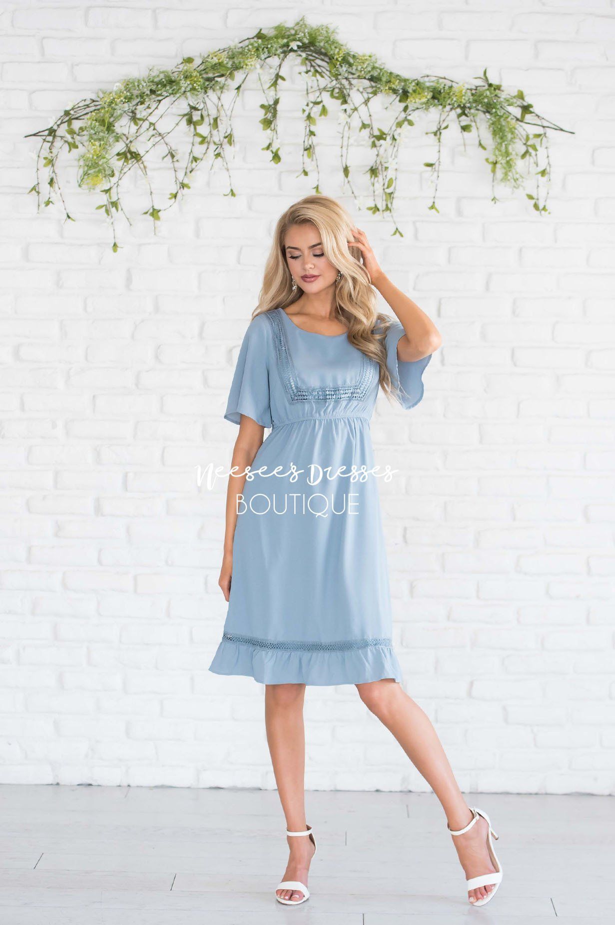 Dusty Blue Lace Trim Ruffle Detail Modest Dress | Modest Clothing for ...
