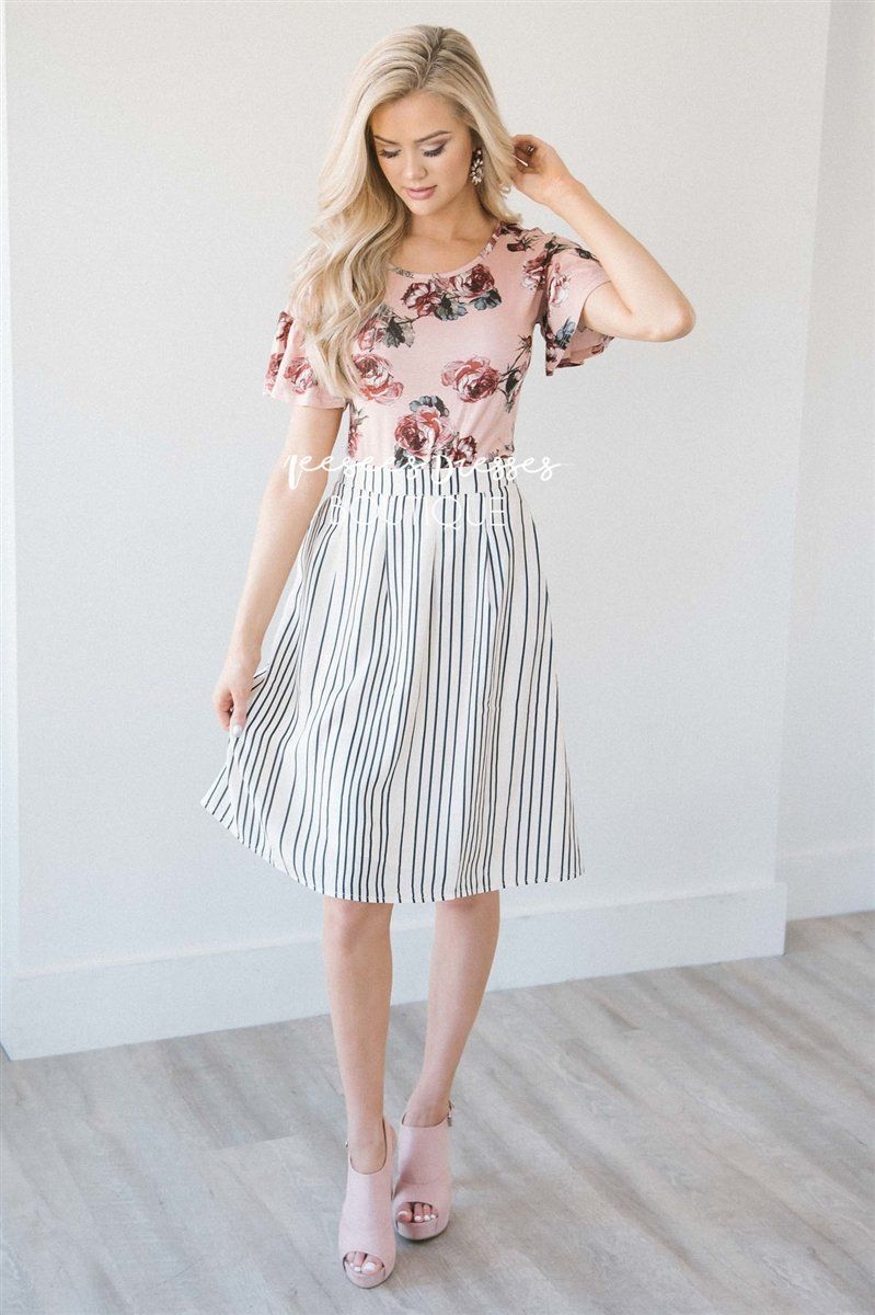 Cream & Charcoal Stripe Pleated Skirt