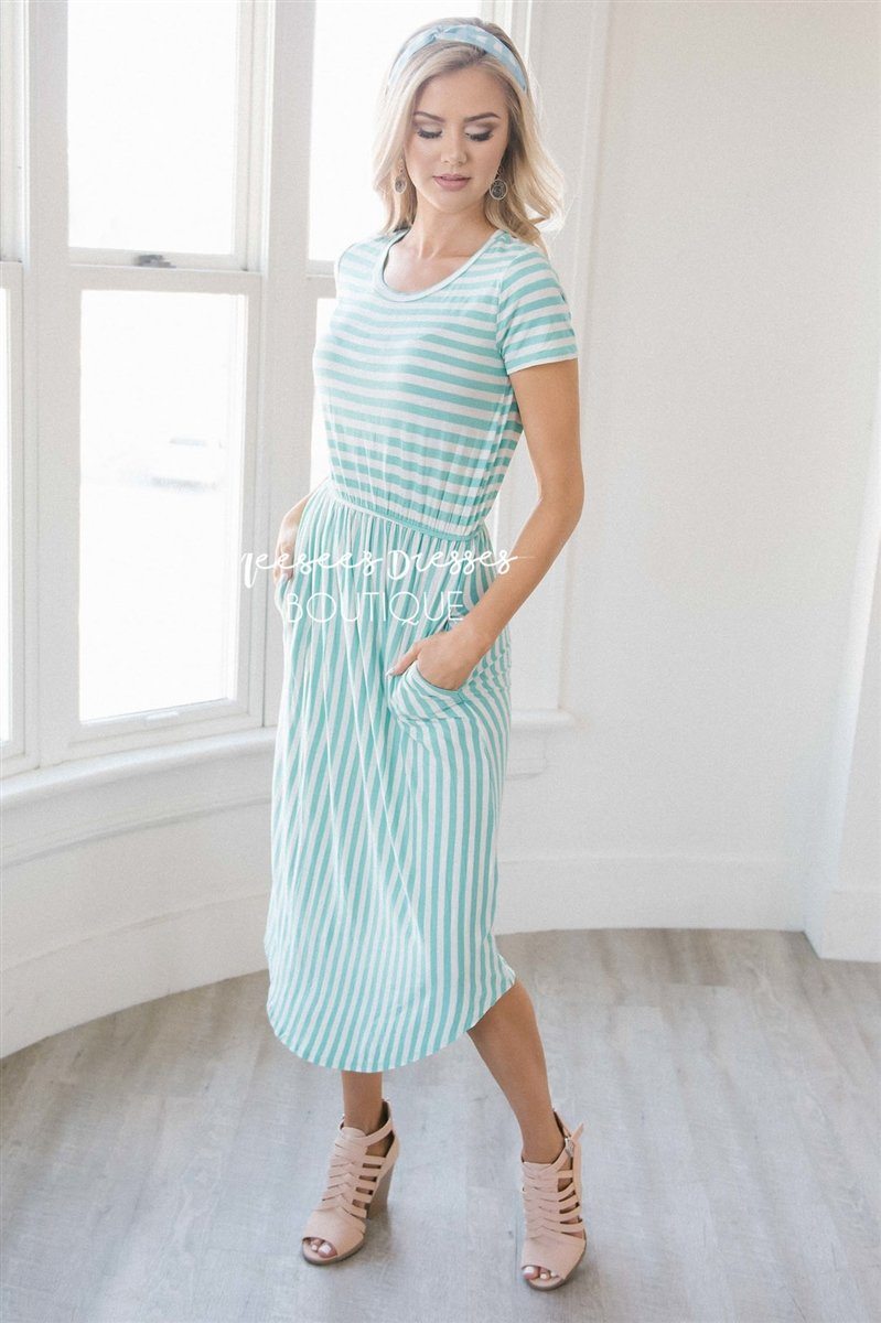 blue and white horizontal striped dress