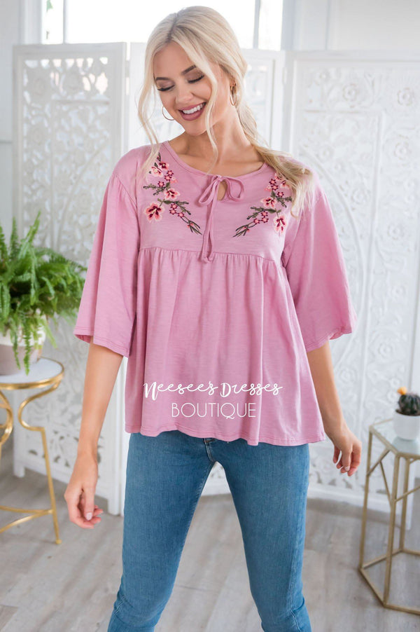 Soft Pink Embroidered Baby Doll | Modest Tops - NeeSee's Dresses