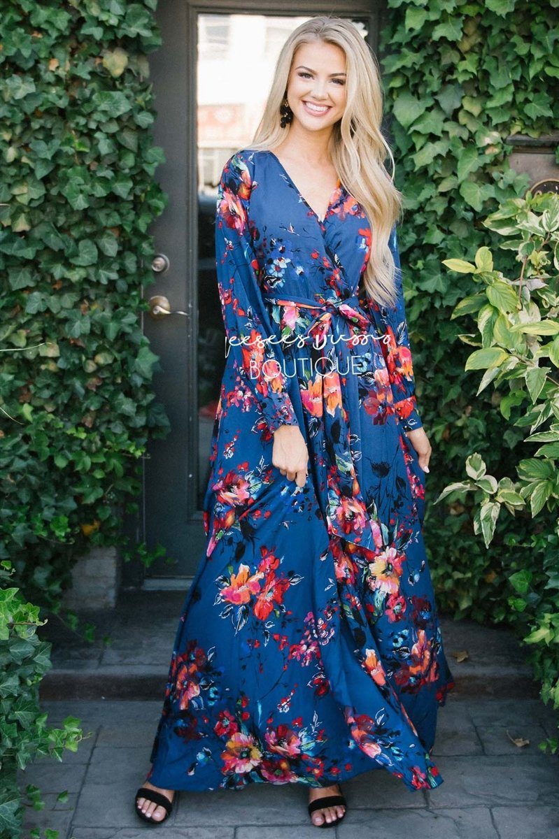 Bright Navy Floral Wrap Dress Modest Church Dress | Best and Affordable ...