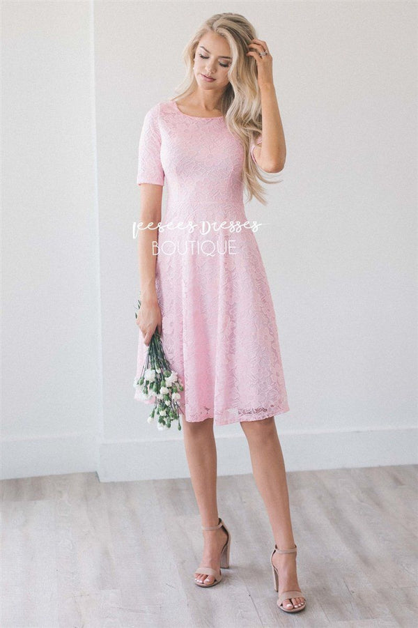 Flamingo Pink Lace Modest Dress | Modest Bridesmaids Dresses with ...