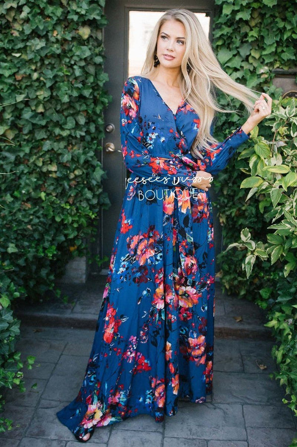 Bright Navy Floral Wrap Dress Modest Church Dress | Best and Affordable ...