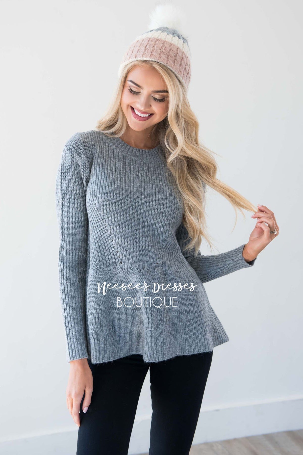 Gray Fit and Flare Knit Sweater Modest Dresses Cute Comfy Cardigans