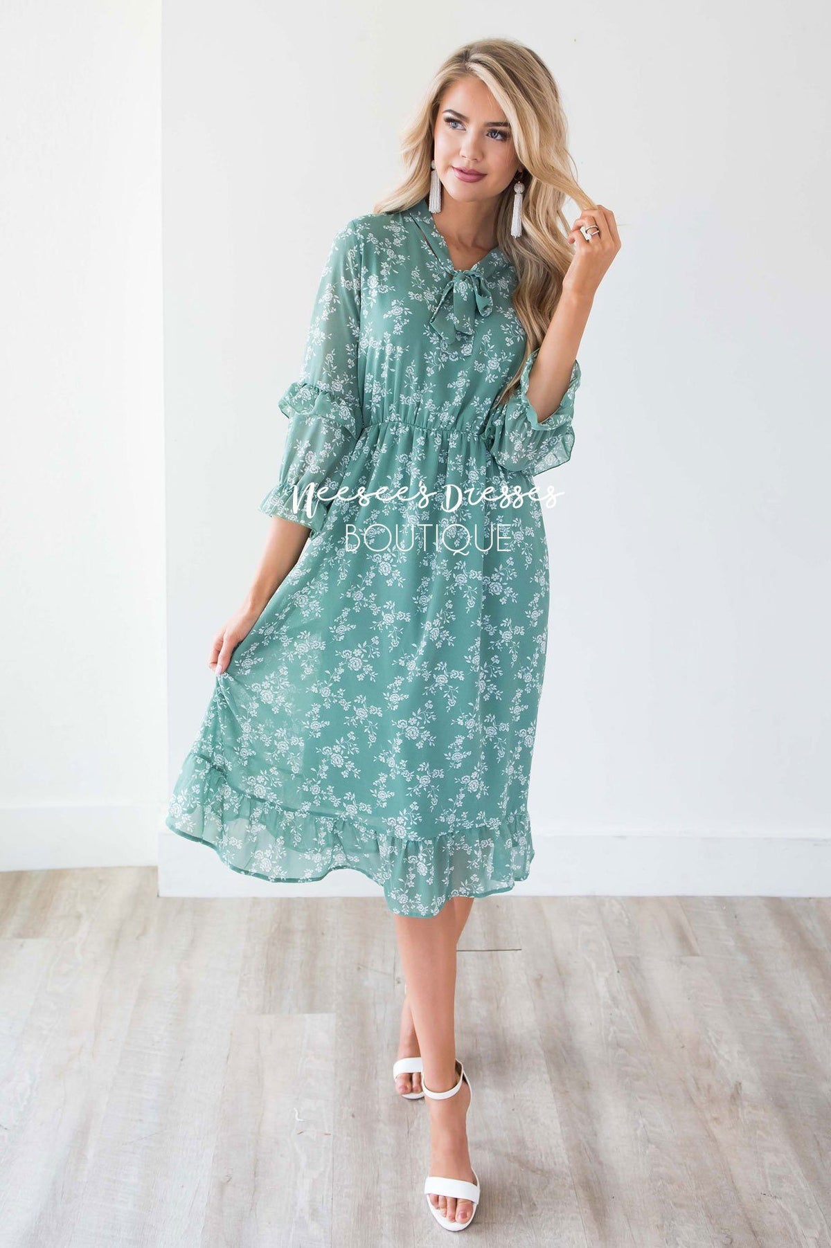 Aloe Green White Floral Dress | Cute Modest Dresses - NeeSee's Dresses