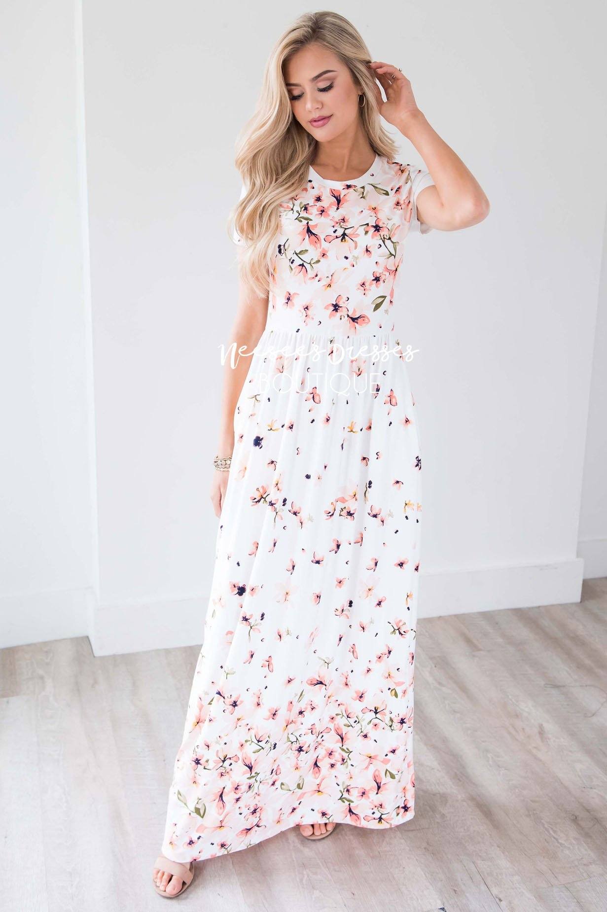 Ivory Ombre Floral Maxi Modest Dress Best And Affordable Modest Boutique Cute Modest Dresses 5659