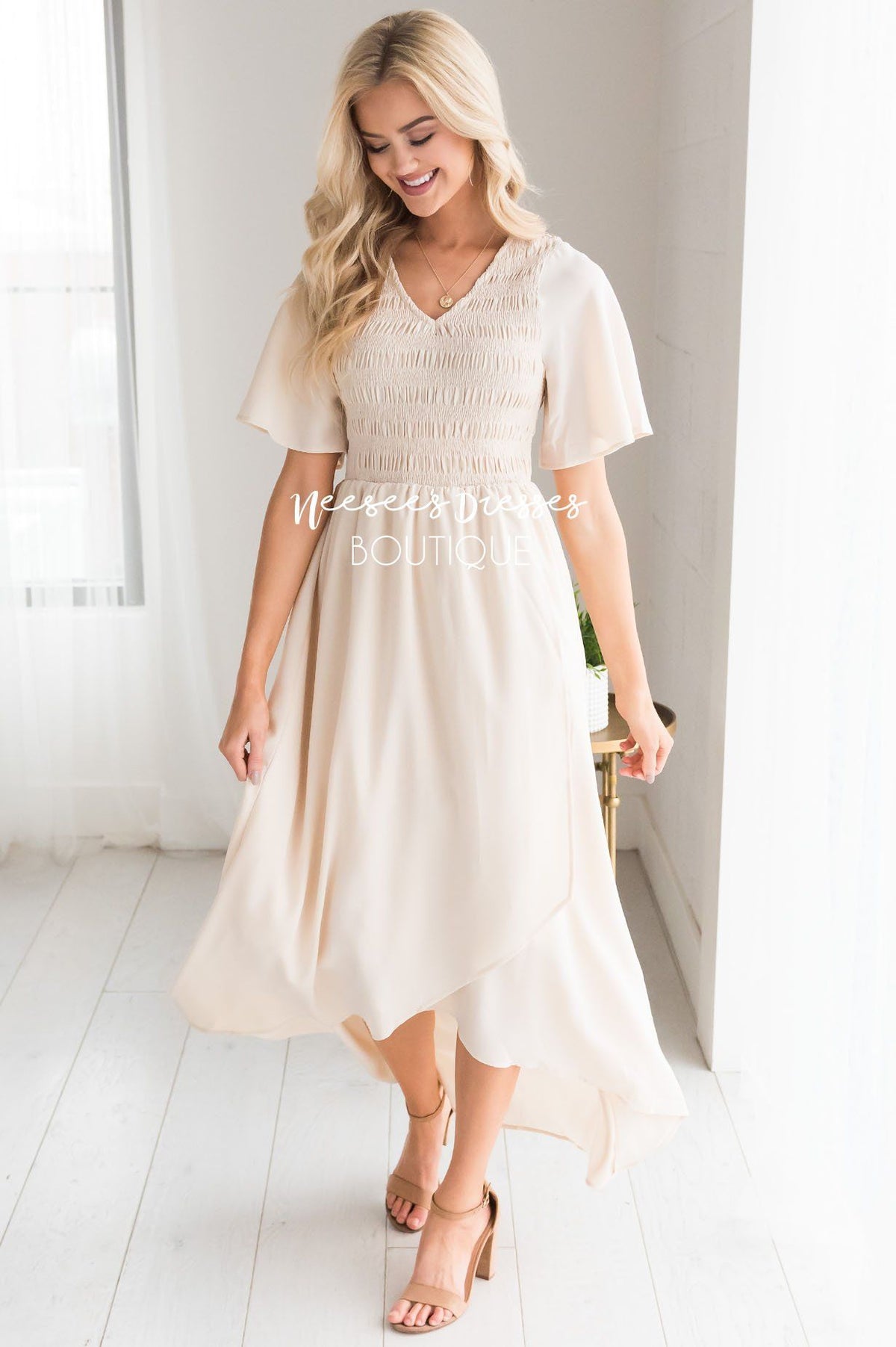 Cream Shirred Detail Modest Dress | Best Place To Buy Modest Dress ...