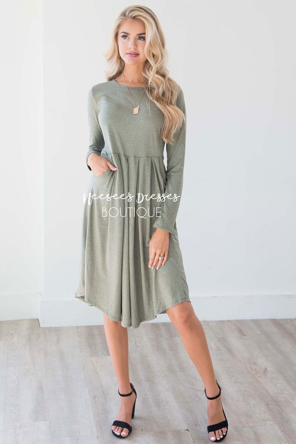 Olive Pleated Waist Pocket Dress | Best Modest Dress Boutique - NeeSee ...