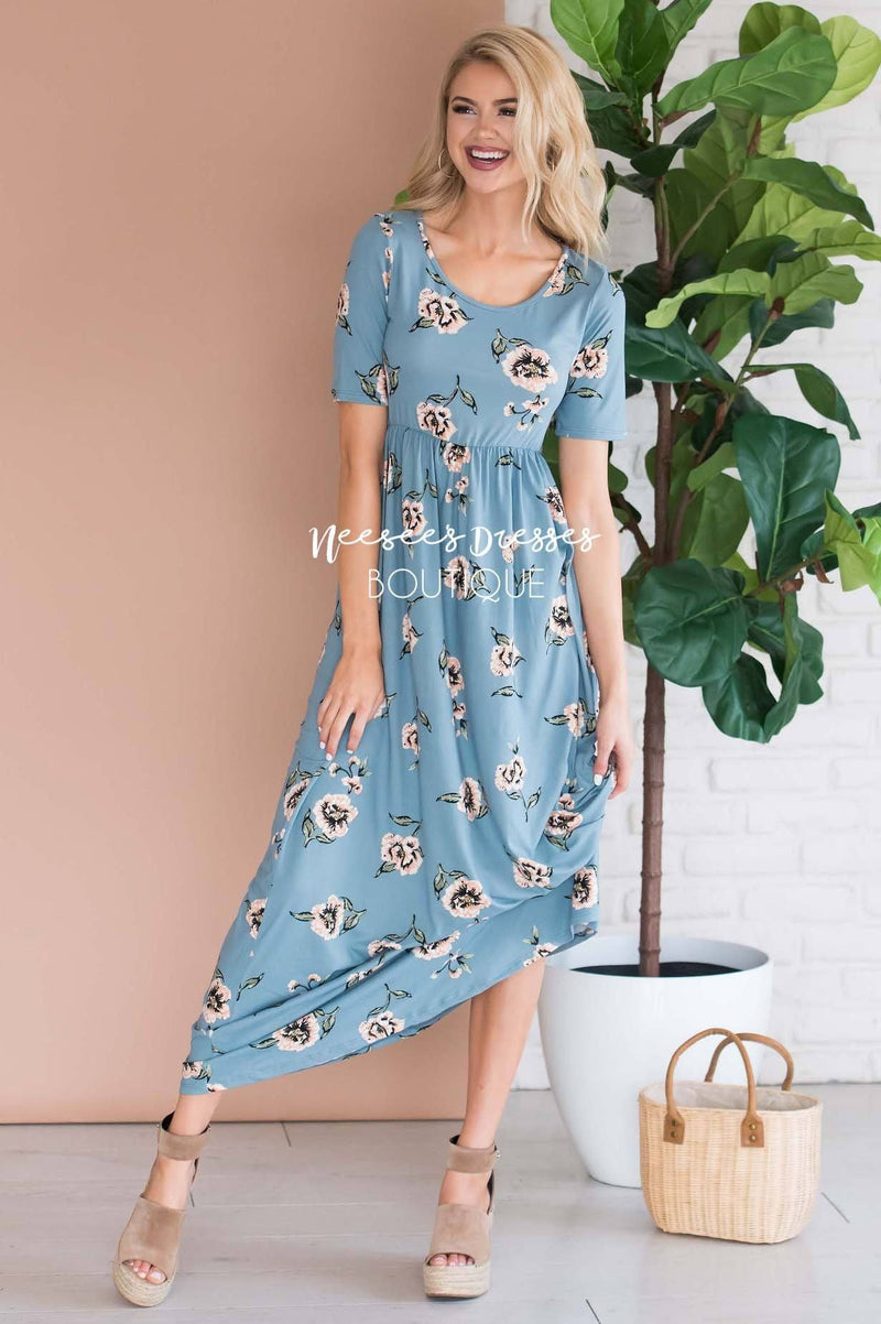 Light Blue And Soft Peach Floral Modest Maxi Dress Beautiful Modest