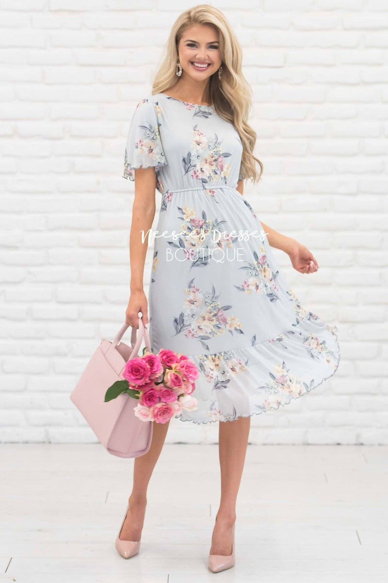 Whisper Gray and Lilac Floral Modest Dress | Cute Modest Dresses ...