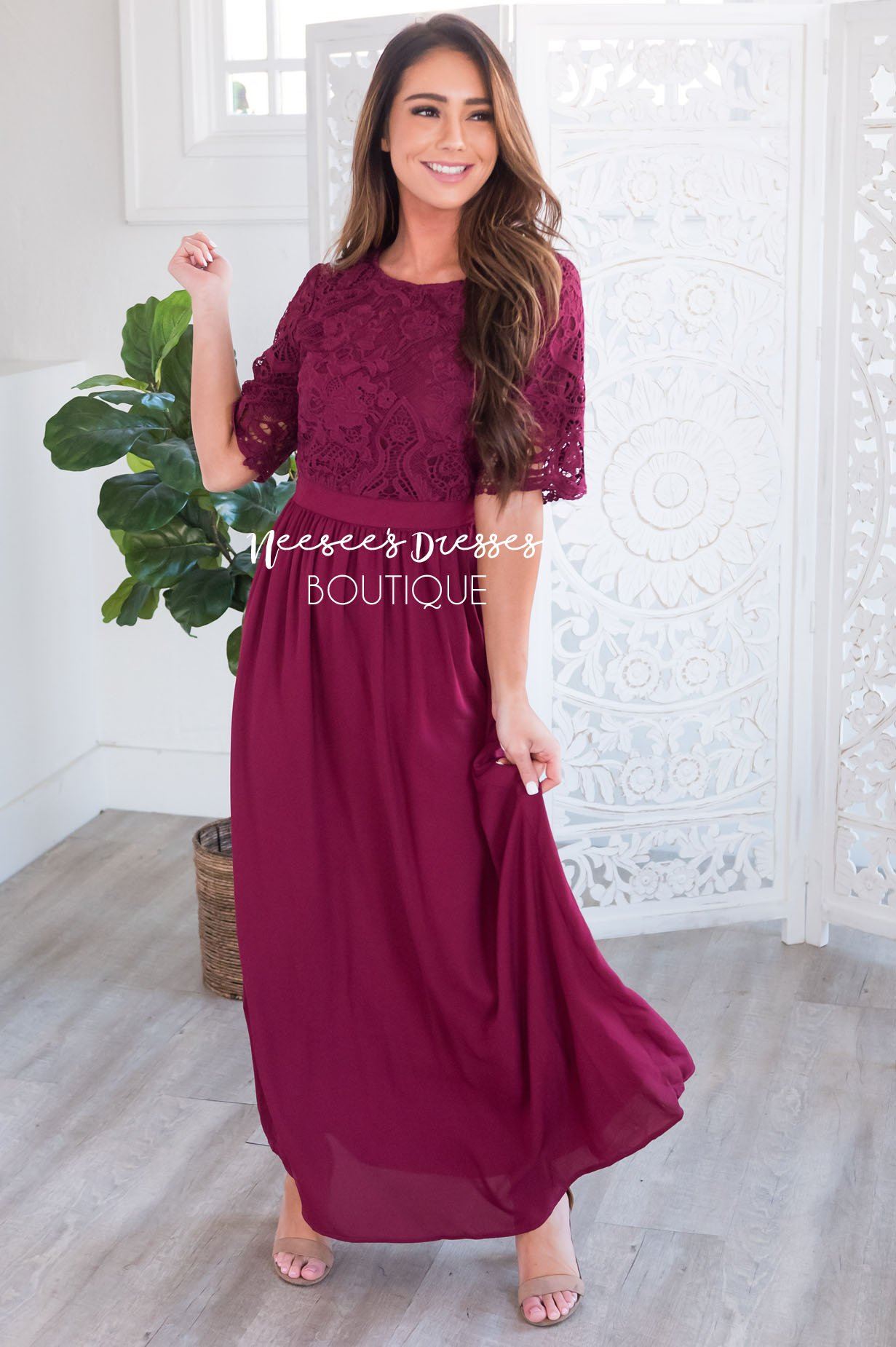burgundy dress modest