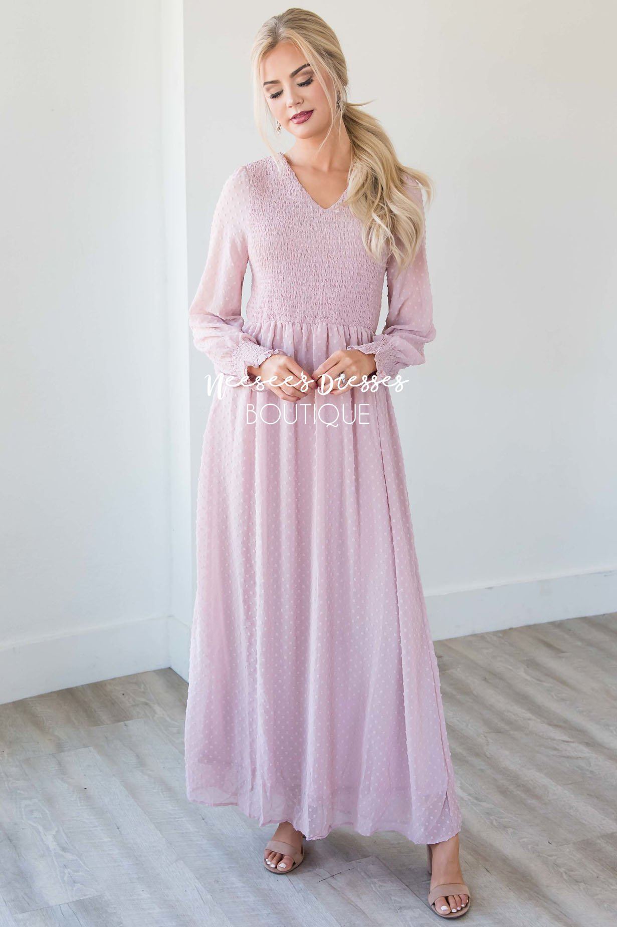 Mauve Polka Dot Textured Shirred Maxi Dress | Best Online Modest ...