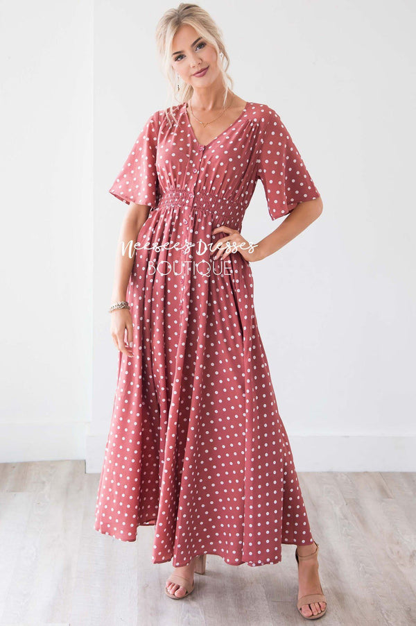 Dusty Rose Polka Dot Flutter Sleeve Nursing Modest Dress | Modest ...