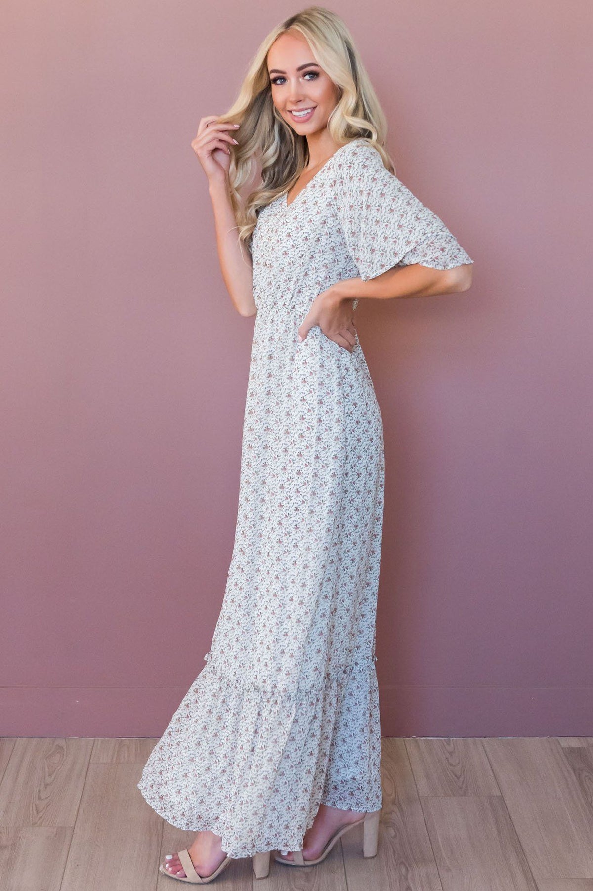 Ivory With Mini Mauve Floral Maxi Modest Dress Best And Affordable Modest Boutique Cute 8604