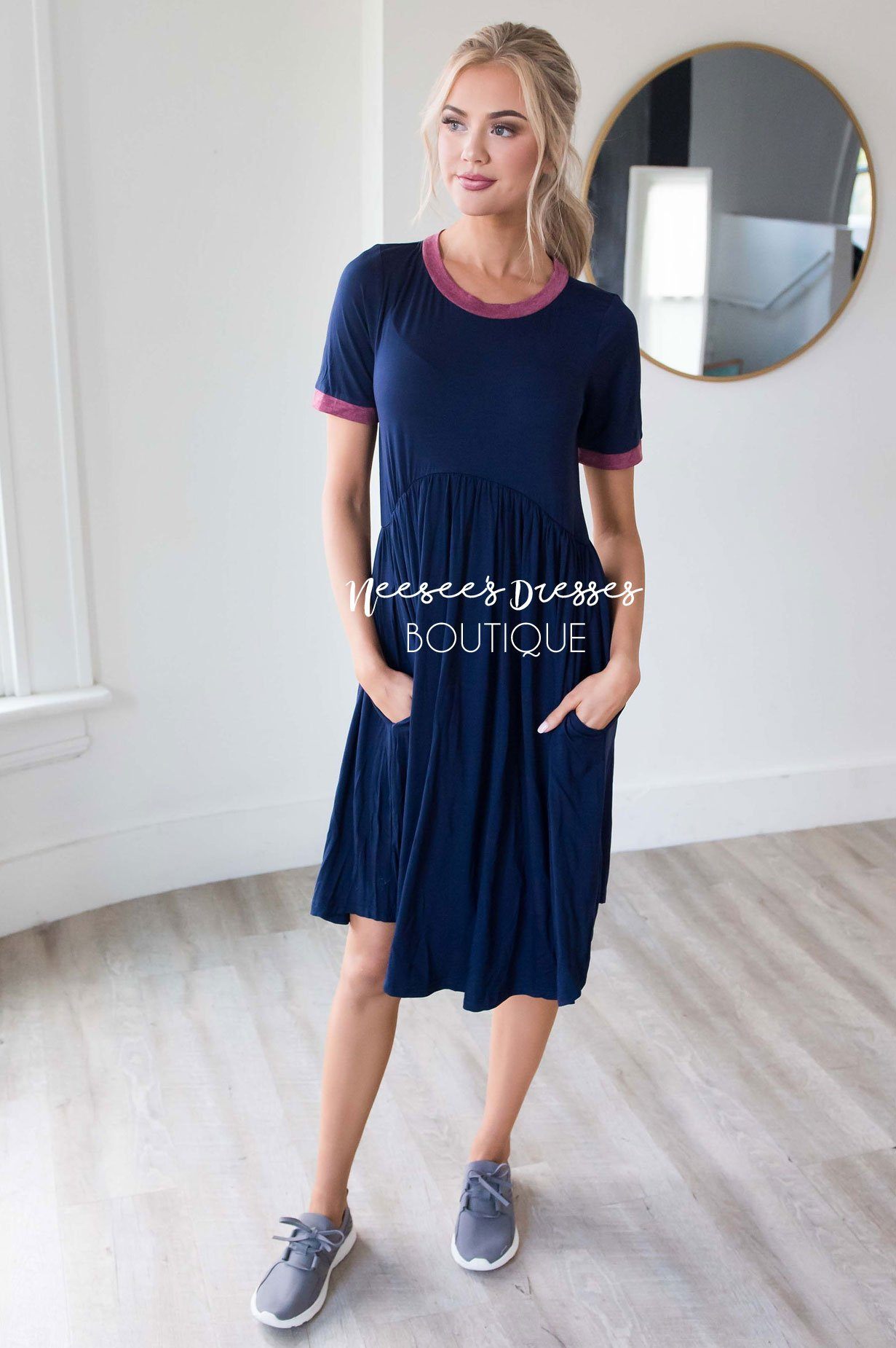 Casual Navy Pocket Modest Dresses | Modest Bridesmaids Dresses - NeeSee ...