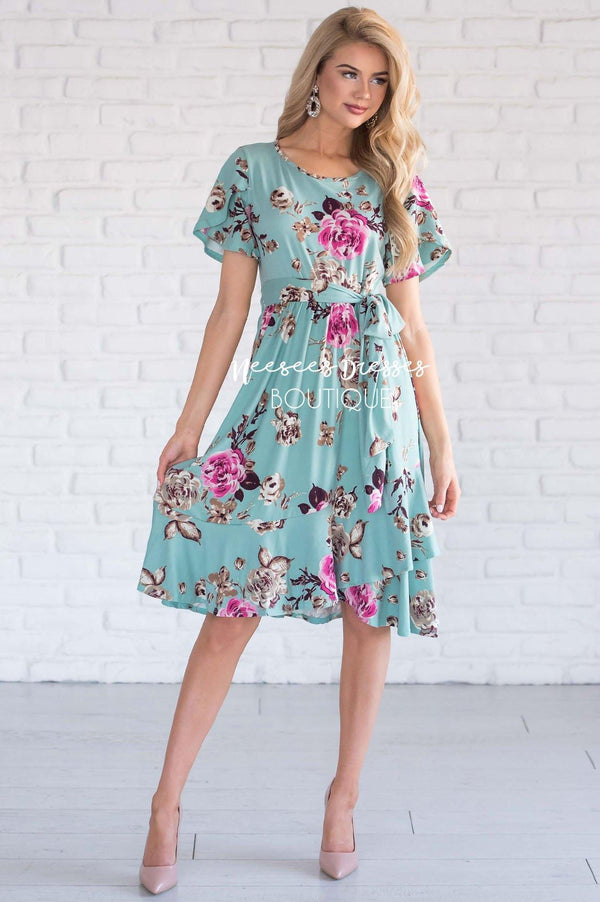 Mint Floral Tie Waist Modest Dress | Best Place To Buy Modest Dress ...