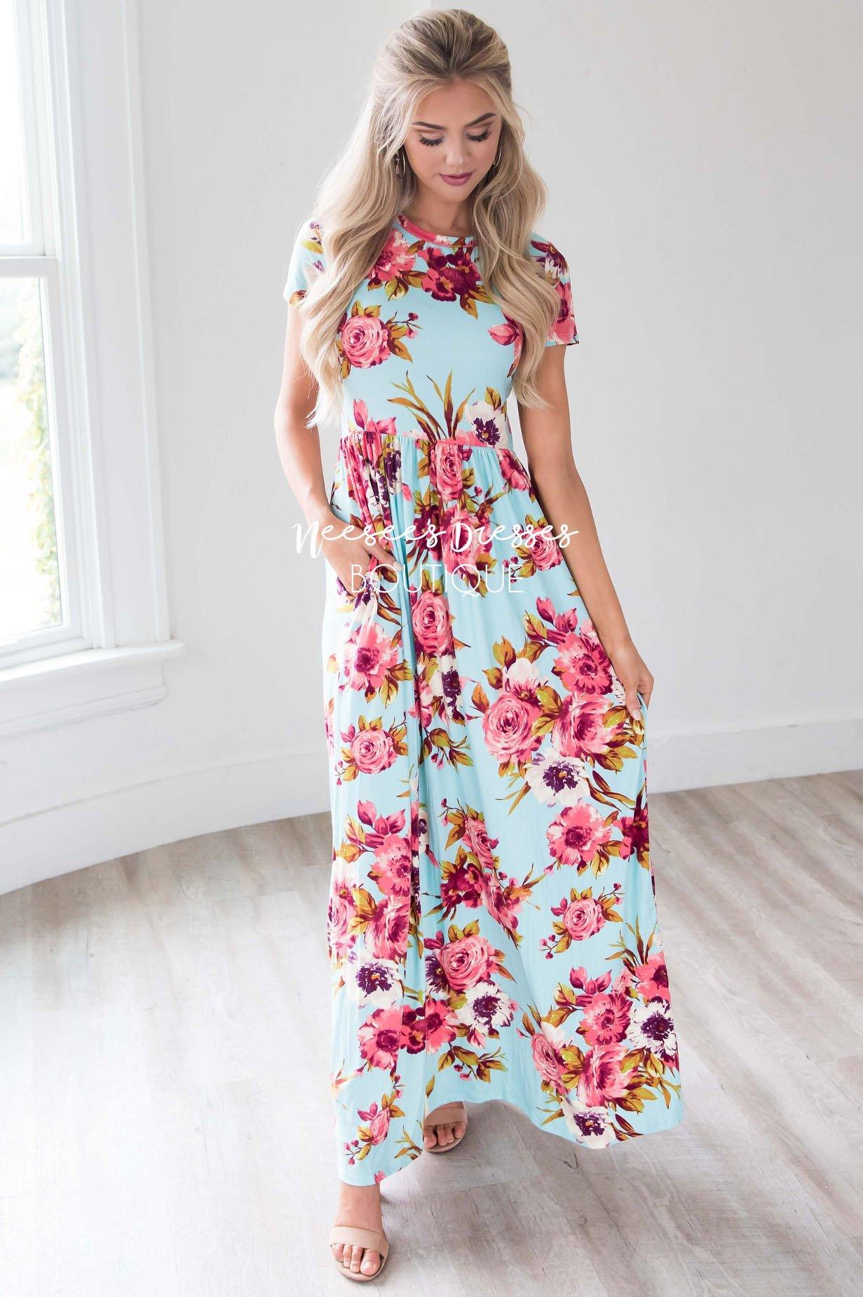 Mint Rose Pink Carnation Floral Maxi Modest Dress | Best and Affordable ...