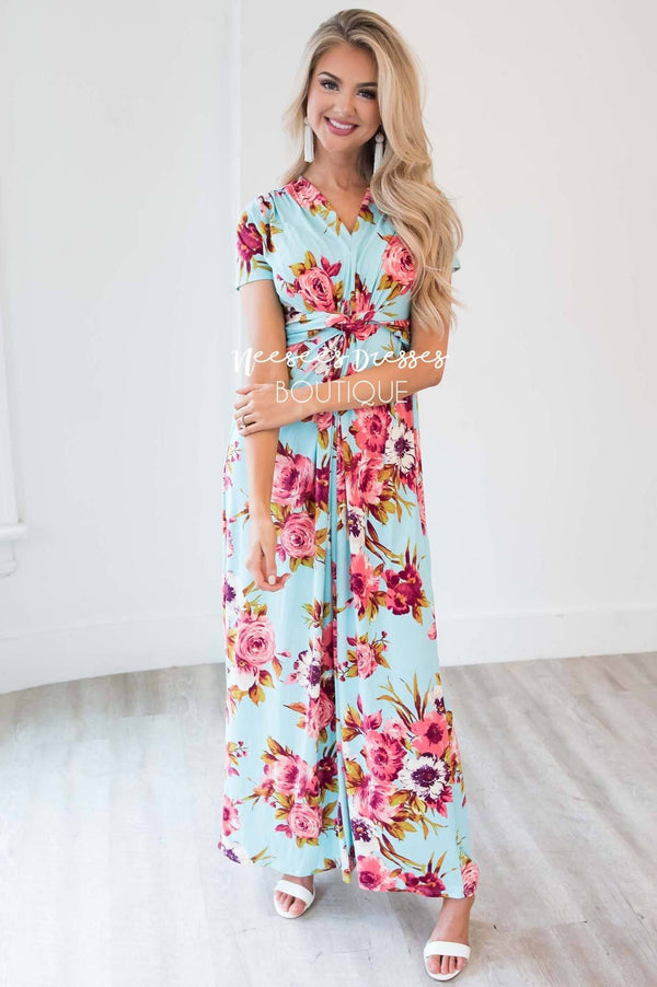 Mint Rose Pink Carnation Floral Twist Front Maxi Modest Dress | Best ...