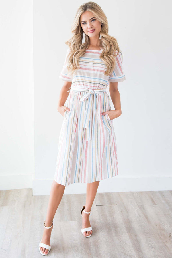 Cream Multi Colored Striped Modest Dress | Cute Modest Dresses - NeeSee ...