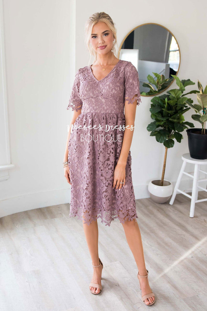 Dusty Orchid Lace Modest Dress | Modest Bridesmaids Dresses - NeeSee's ...