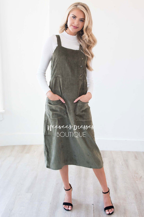 Olive Corduroy Overall Dress | Best Modest Clothing Boutique - NeeSee's ...