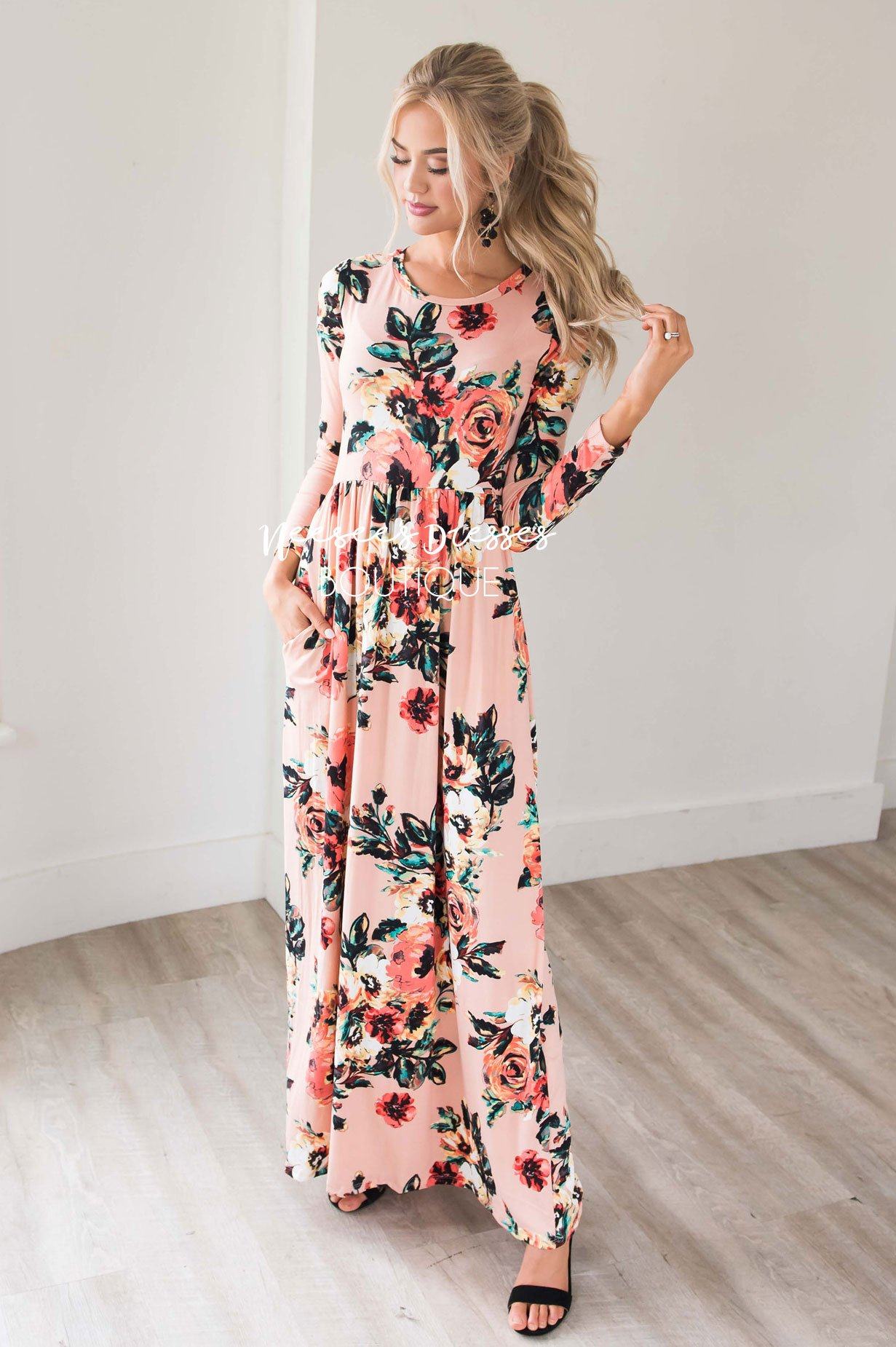 Peach Watercolor Floral Maxi Modest Dress | Affordable Modest Dresses ...
