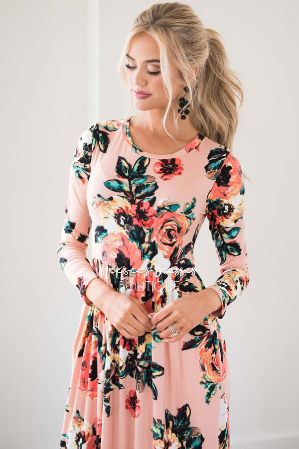 Peach Watercolor Floral Maxi Modest Dress | Affordable Modest Dresses ...