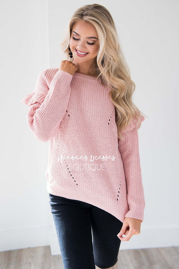 Pink Ruffle Sleeve Knit Sweater Modest Dresses | Cute Comfy Cardigans ...
