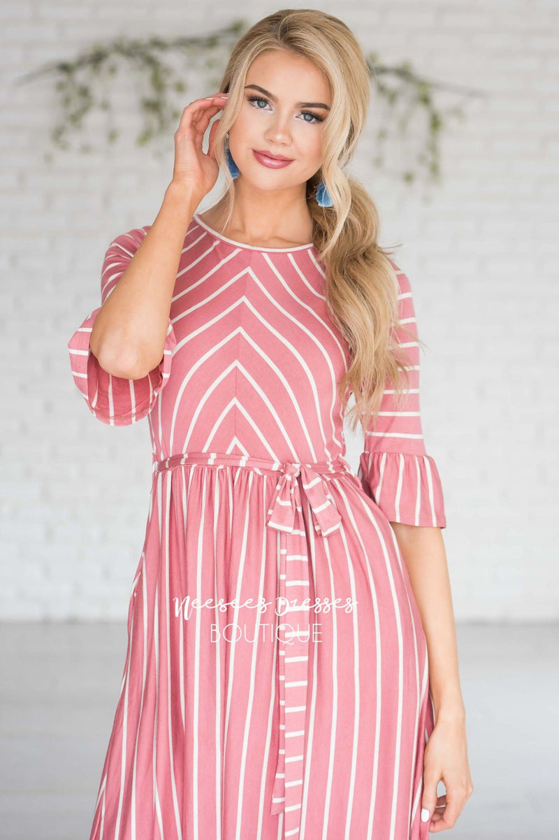 Pink Striped Tie Waist Bell Sleeve Dress | Best Modest Dresses - NeeSee ...