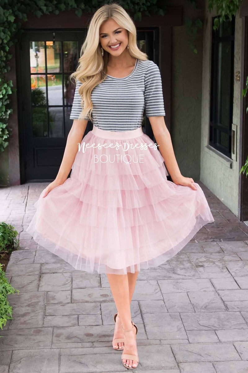 Light Mauve Tiered Tulle Skirt Modest Skirt Cute Modest Dresses Neesees Dresses 
