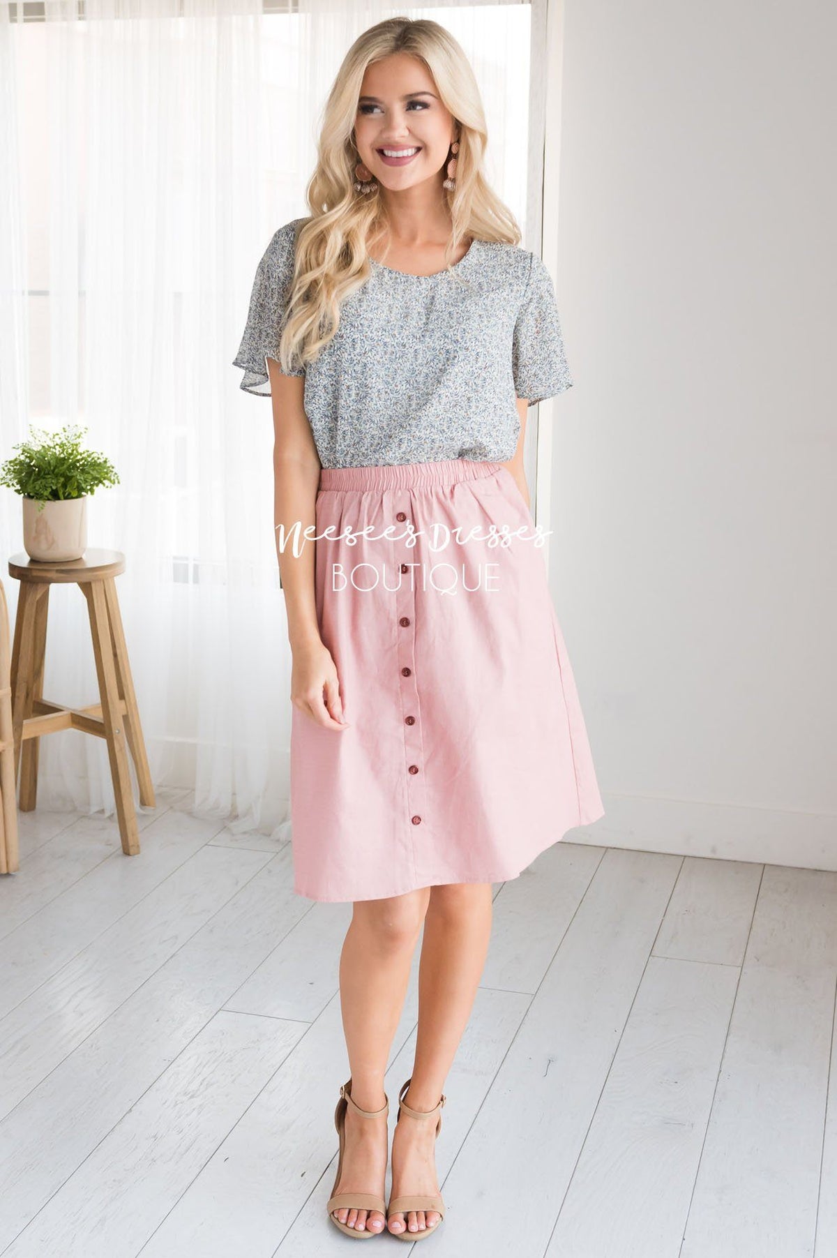 Pink Button Detail Skirt Modest Skirt for Church | Modest Bridesmaids ...