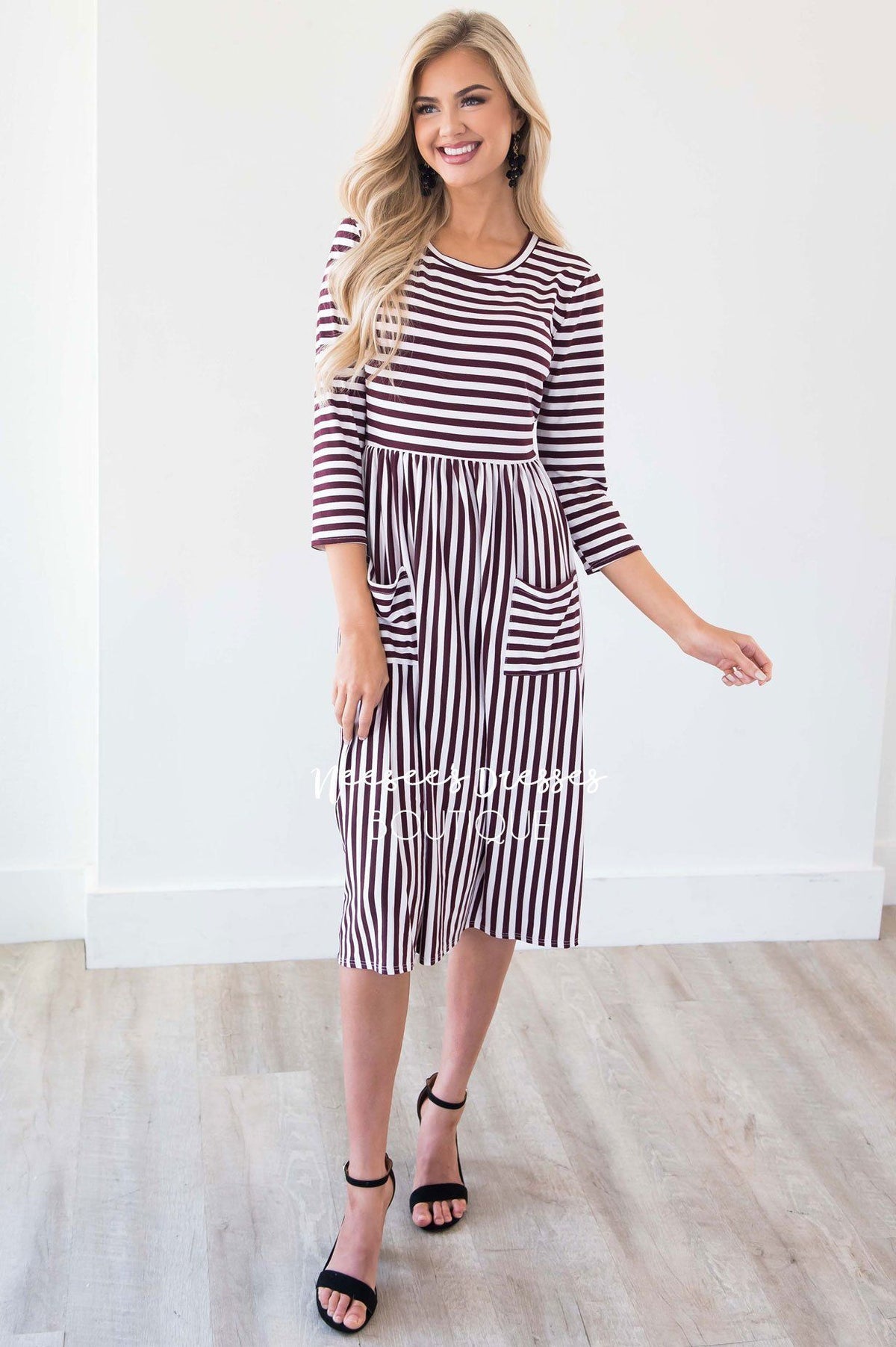 Burgundy Ivory Striped Pocket Dress | Best Place To Buy Modest Dresses ...