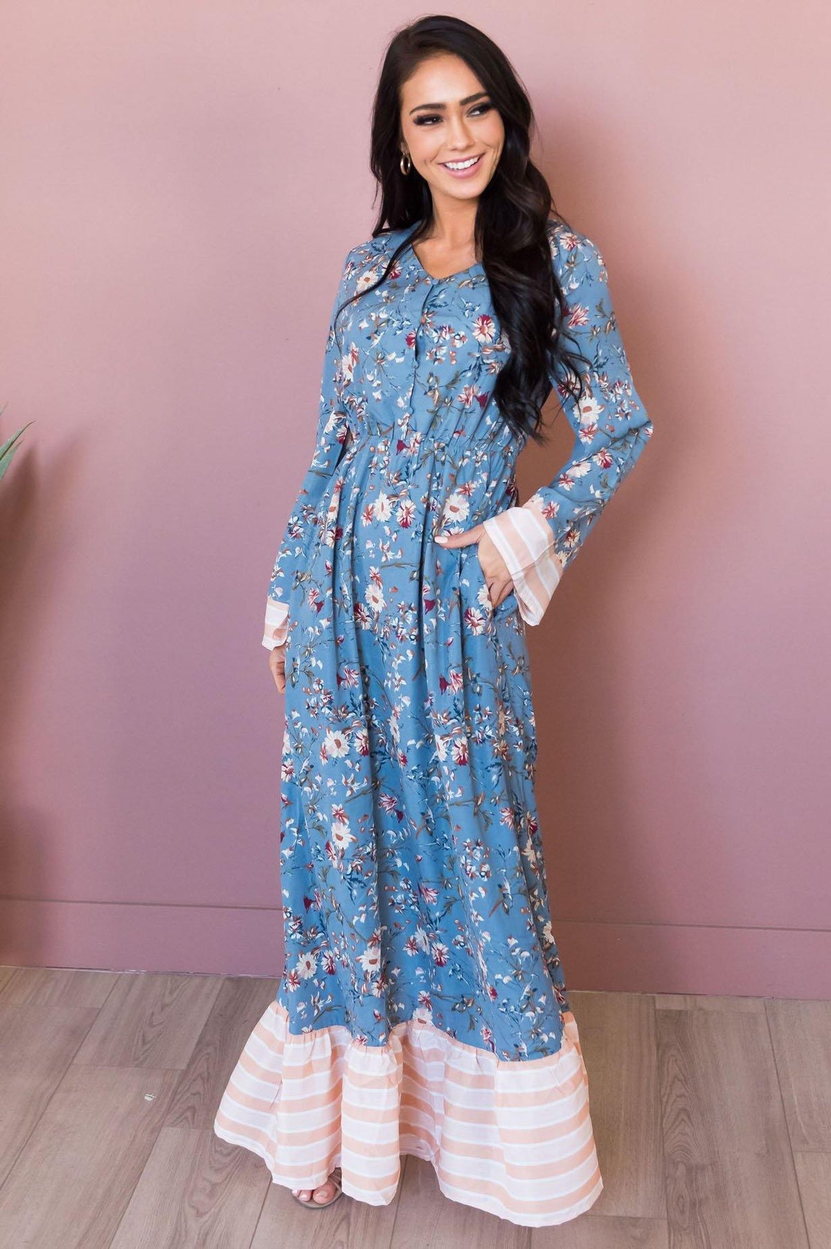 Dusty Steel Floral Maxi Modest Dress | Modest Clothing for Women ...