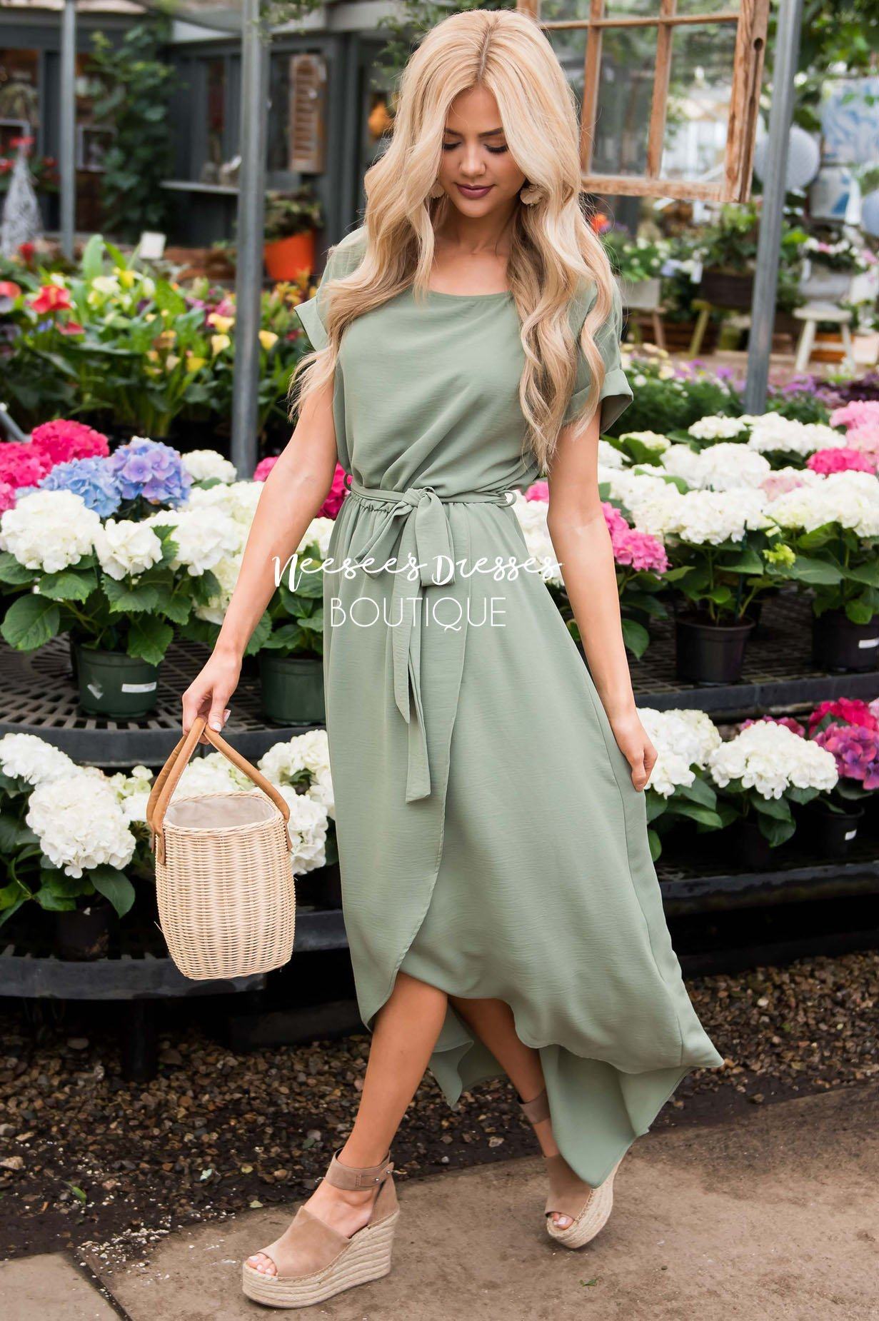 modest sage green dress