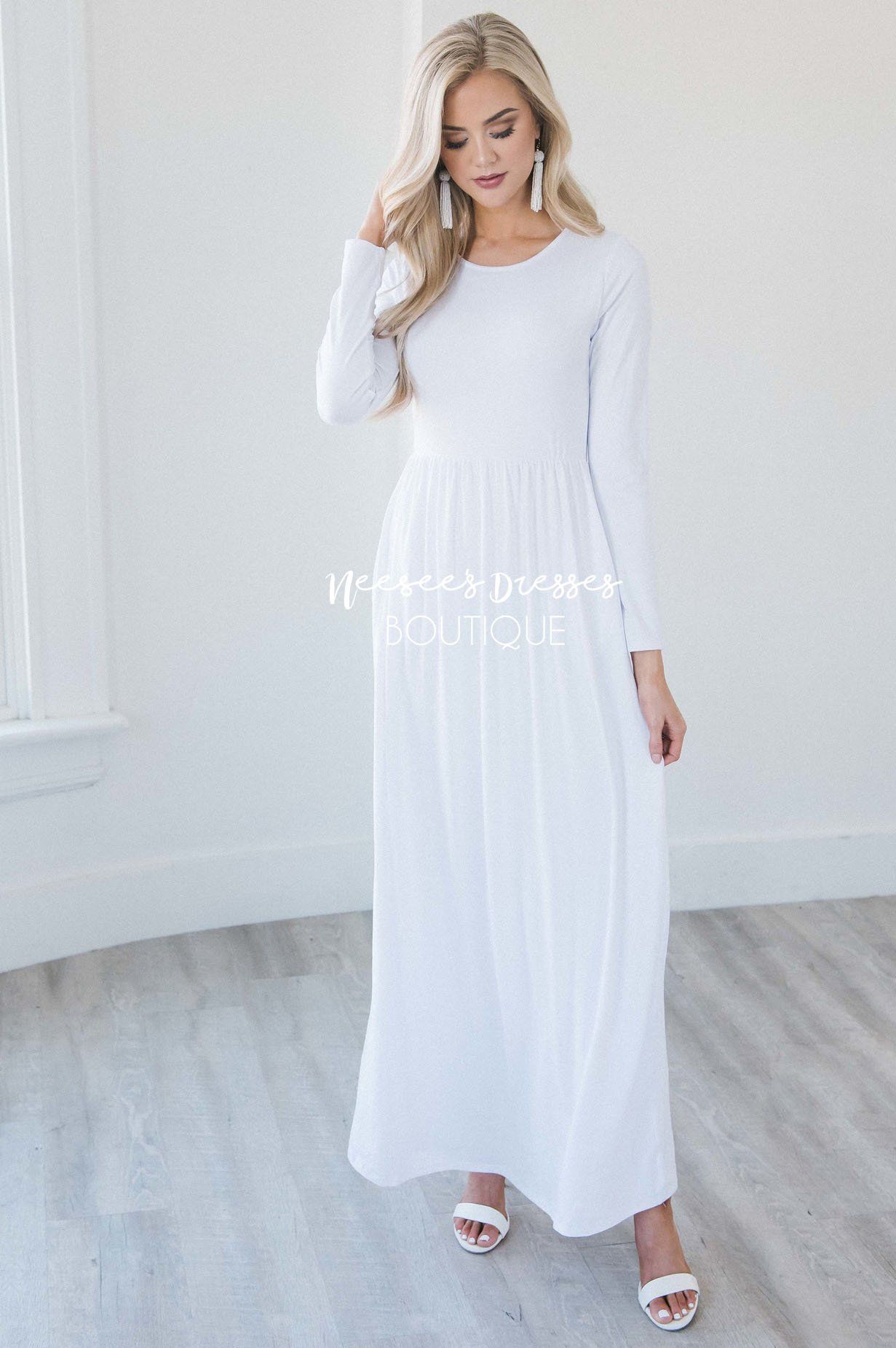 modest long sleeve white dress