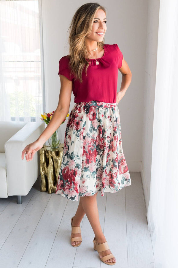 Cream Burgundy Pink Floral Modest Skirt for Church | Modest Bridesmaids ...