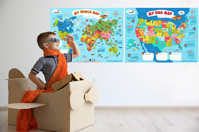 World map usa map poster for kids