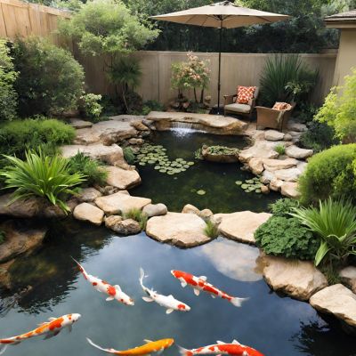 A serene pond with colorful koi fish surrounded by lush foliage.