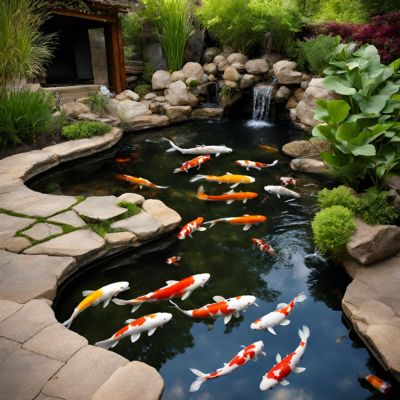 A serene backyard koi pond surrounded by lush greenery.