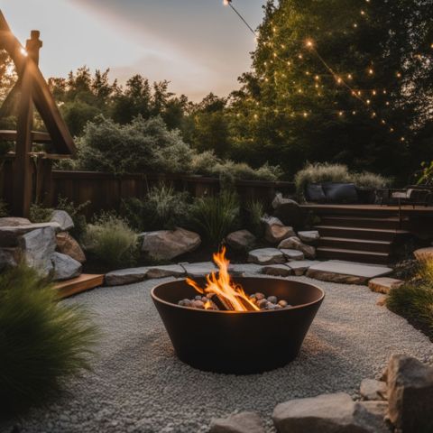 A DIY fire pit surrounded by gravel and lush greenery.