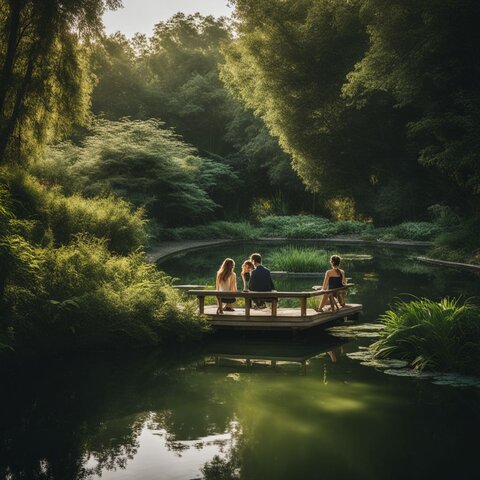 A tranquil pond surrounded by lush greenery and people.