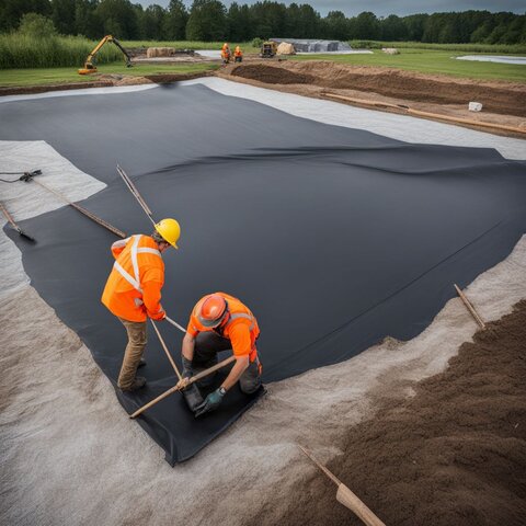 EPDM liner being laid out over non-woven geotextile fabric in a pond.